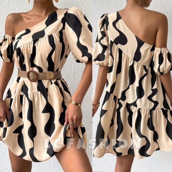 Boho Smock Dress, Asymmetrical Neck Puff Sleeve Ruffle Hem Mini dress - Picture 1 of 6